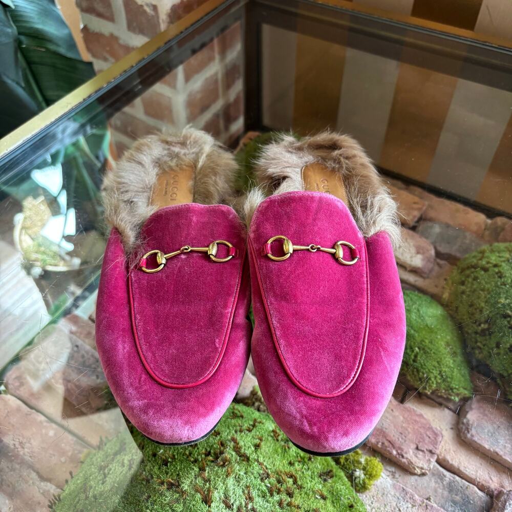 GUCCI Pink Velvet Horsebit Princetown Loafers 41 - Picture 2 of 6